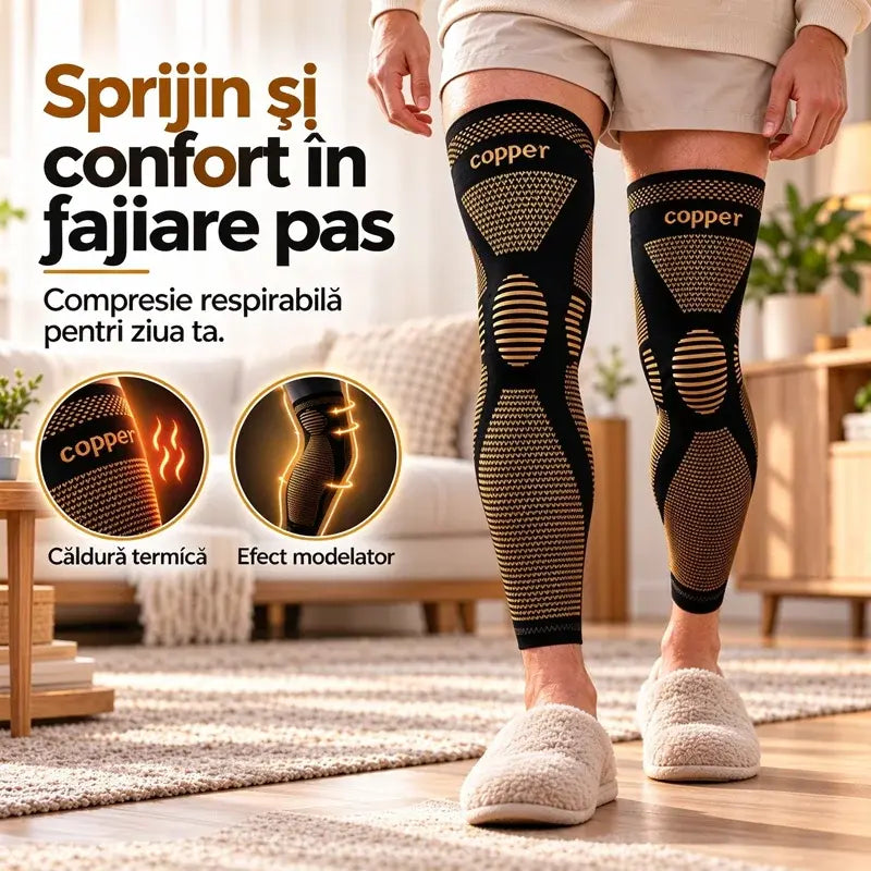 🦵 Genunchieră Lungă cu Grad de Compresie și Cuplu de Cupru · Susținere 360° pentru Toată Piciorul · Banda Antiderapantă din Silicon · Material Respirabil și Termic (M-2XL)!
