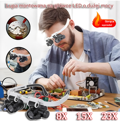 🔍 Lupe s okuliarmi 8x, 15x a 23x s LED osvetlením. Prispôsobená pre mechanické nástroje, opravu hodín, rezbu a ohodnotenie starodávnych bižútov.