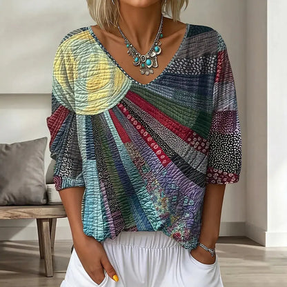 ⏰Tricou cu mânecă trei sferturi, decolteu în V, imprimeu floral retro și imprimeu artistic în gradient.