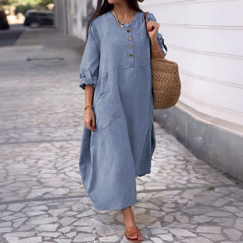 💃【40-120kg】Rochie de damă de vară, casual, de culoare uni, din bumbac și in, cu decolteu rotund