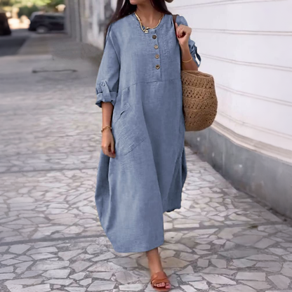 💃【40-120kg】Rochie de damă de vară, casual, de culoare uni, din bumbac și in, cu decolteu rotund