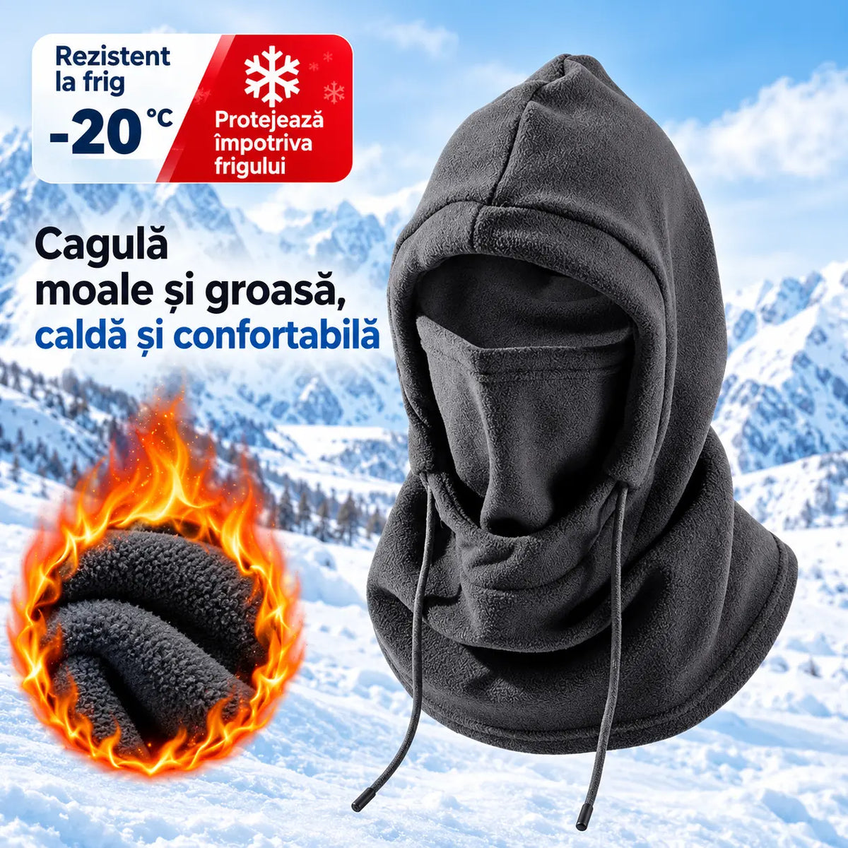 ❄️ Cagulă termică cu acoperire completă și căptușeală din fleece, concepută pentru protecție împotriva frigului chiar și la temperaturi de până la -20°C. ⛷️ Ideală pentru schi, motociclism și activități în aer liber