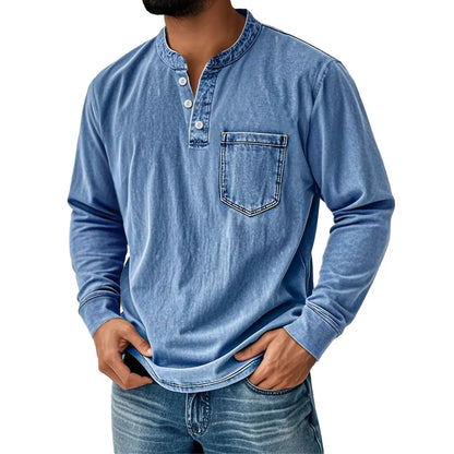 👔🔥Cămașă bărbătească din denim cu mâneci lungi și decolteu în V, cu buzunar