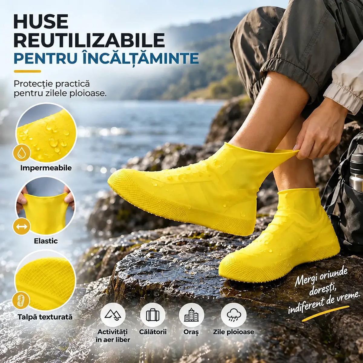 【2 perechi doar 129 lei】Protejează-ți pantofii sport de ploaie! Huse impermeabile rezistente pentru încălțăminte: antiderapante, pliabile și ușor de transportat în geantă 🌧️ Culoare