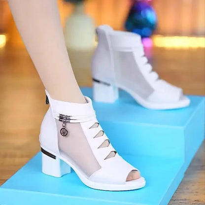 🤩【⚡Reducere de 50% pentru o perioadă limitată】👠【35～41】2026 Sandale noi, elegante și confortabile, din plasă, gură de pește, cu toc gros