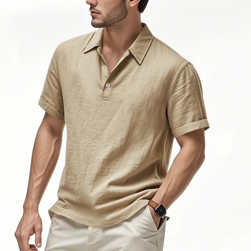 🌿👔 Tricou polo casual bărbătesc din in, lejer, cu guler și mâneci scurte