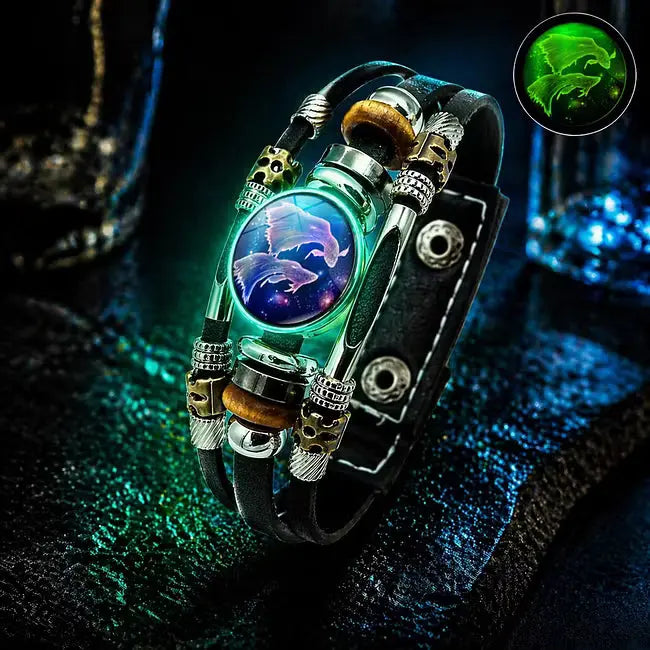 🌙 Brățară din piele luminoasă, cu simbol zodiacal – design împletit în 3 straturi, lungime reglabilă, unisex 💫✨