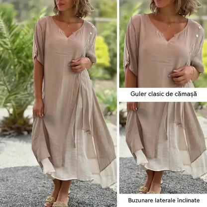 🎁【S-4XL】Rochie de lenjerie intimă din bumbac, la modă, cu decolteu în V, falsă, din două piese, neregulată, din două piese