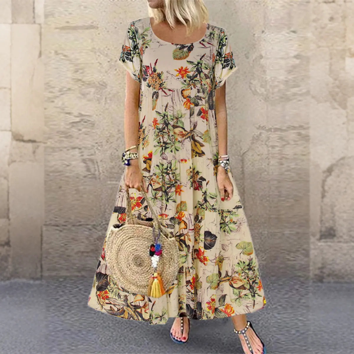 🌼【40-120 kg】Rochie retro pentru femei cu motiv floral, mâneci scurte și decolteu rotund, mărime mare