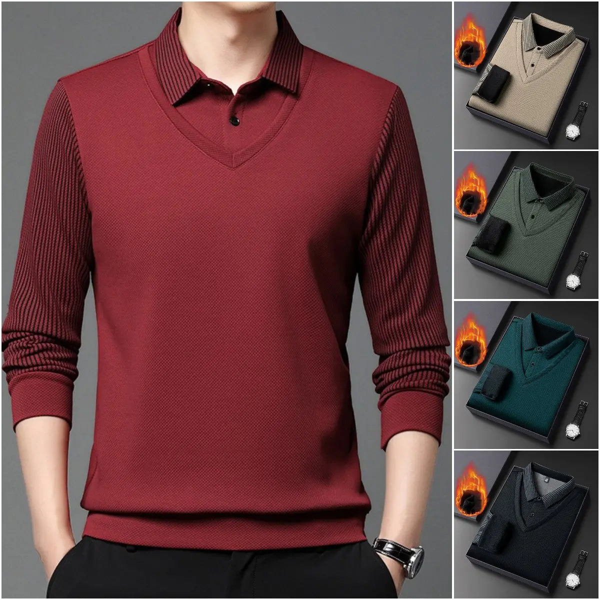 【M-4XL】Tricou polo din două piese, cu un model în dungi de tip „faux-patchwork”
