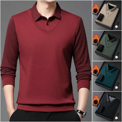 【M-4XL】Tricou polo din două piese, cu un model în dungi de tip „faux-patchwork”