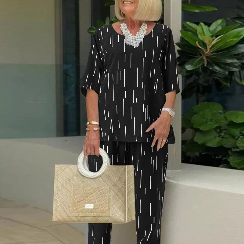✨【Top + Pantaloni】(40-120kg) Set elegant și elegant din două piese pentru femei, cu imprimeu