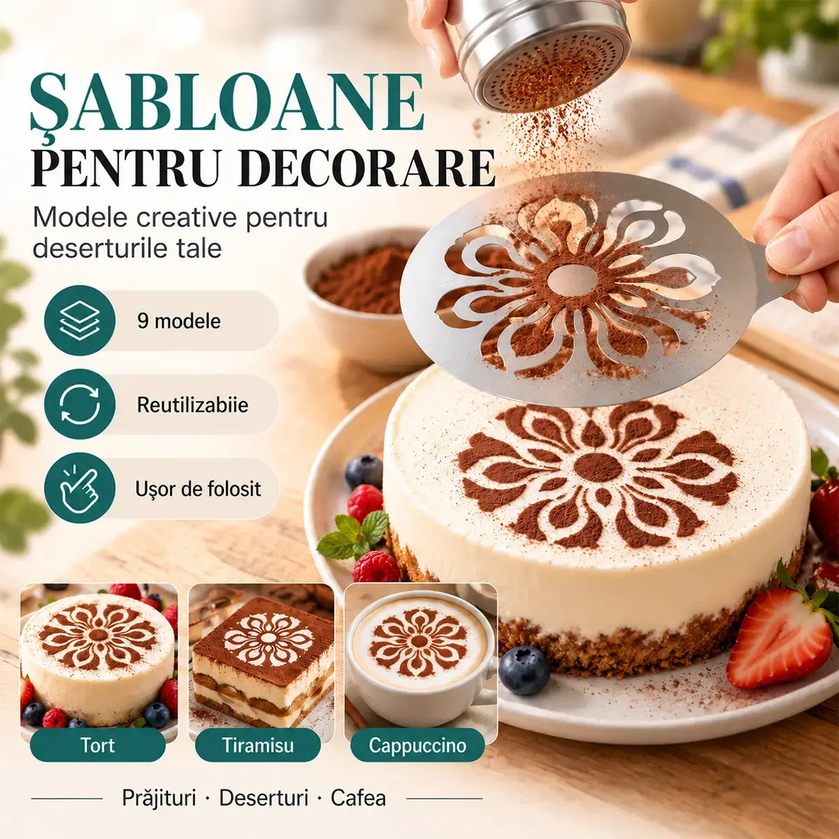 ☕ Set 9 Şabloane din Inox pentru Decorare Cafea și Deserturi – Transformați cappuccino-ul și prăjiturile în opere de artă! 🍰✨