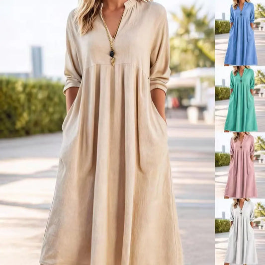 💃50% reducere🔥【40-100kg】Rochie retro nouă la modă, cu decolteu în V, confecționată din bumbac și in