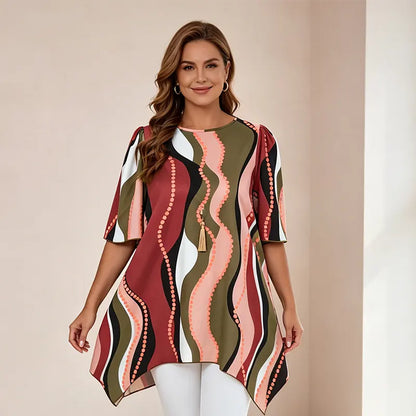 🏆50% reducere🔥 Tricou cu guler rotund și tiv asimetric imprimat – Material moale, respirabil și confortabil.