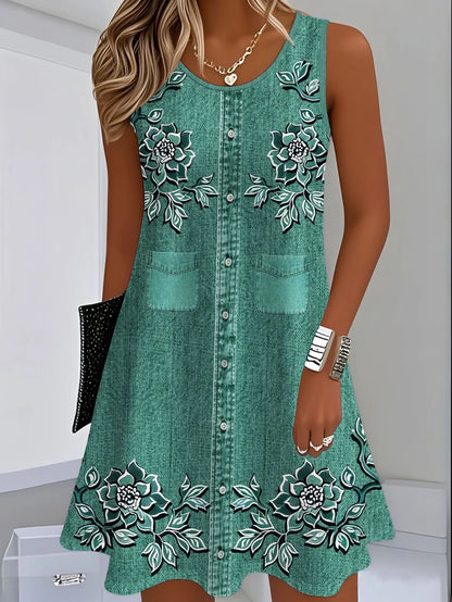 👗【S-8XL】Rochie de vară confortabilă, cu decolteu rotund și imprimeu, mulată și ușor de stilizat.