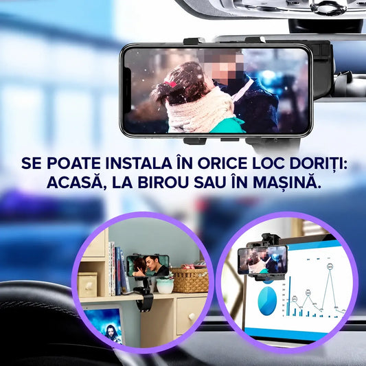 📱 Suport de telefon pentru parasolarul mașinii, rotire la 360°, fixare ușoară și navigare comodă