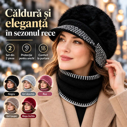 ❄️Ținută elegantă de iarnă, din două piese: Șapcă de baseball din amestec de blană de iepure cu apărători pentru urechi + eșarfă tricotată!