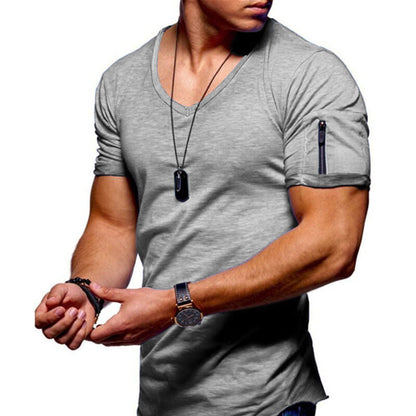 💪👔Tricou bărbătesc cu mânecă scurtă, în culoare uni, mulat și decolteu în V