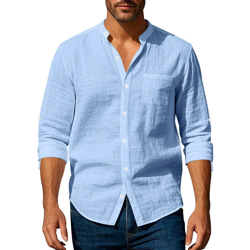 👔🔥 Camisa informal de lino para hombre, manga larga, cuello alto, tejido transpirable.