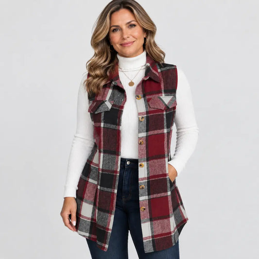 ✨【S-5XL】Vestă nouă de damă fără mâneci – în carouri, cu guler, lungime medie, mărimi mari.
