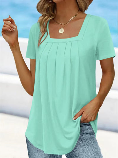 👚【40-120kg】Tricou de damă supradimensionat cu guler pătrat, mărime mare, mânecă scurtă