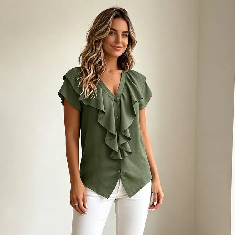 ✨✨Bluză elegantă de vară pentru femei, cu decolteu în V – Cămașă casual cu volane și nasturi; material moale, respirabil și răcoros.