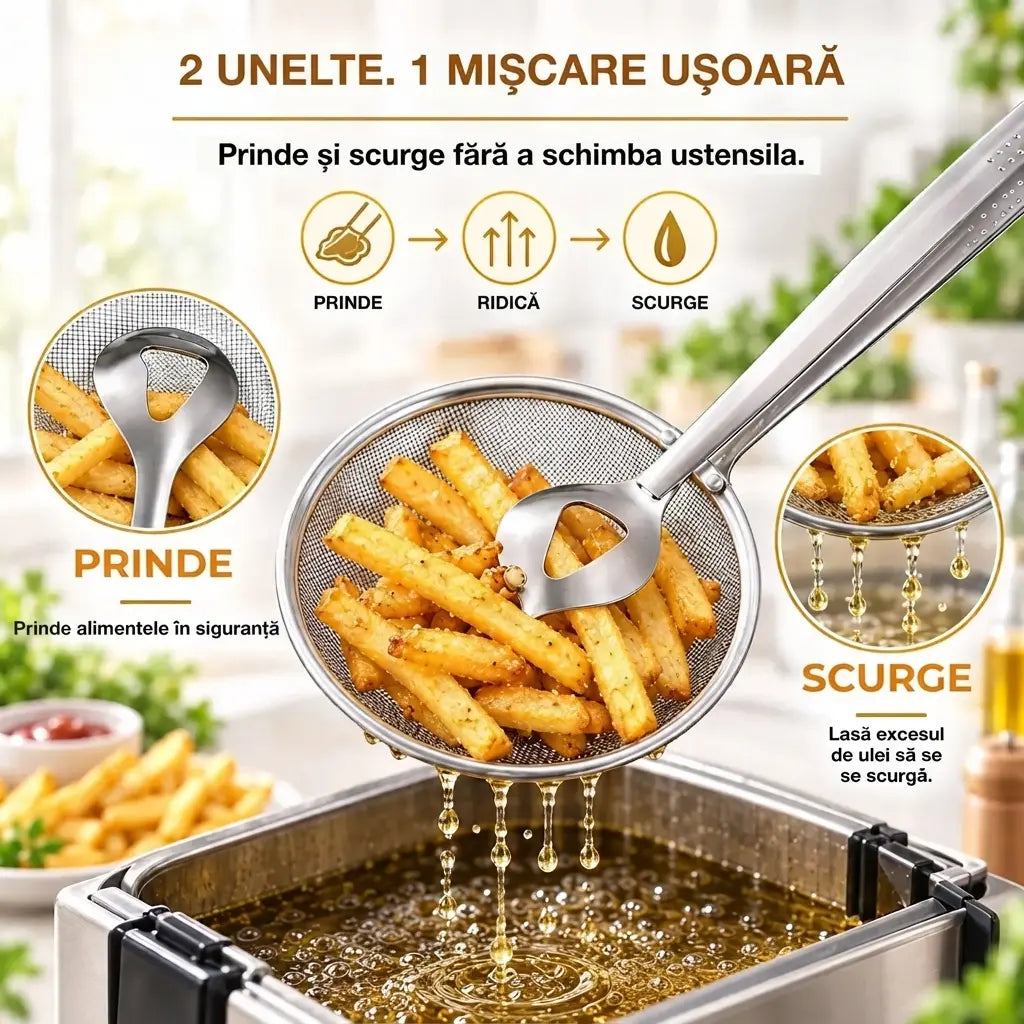 🍟🍗【3 bucăți la 139 lei【Cumperi 1, primești 2 gratuit】Ustensilă 2-în-1: Spumieră tip sită și clește – din oțel inoxidabil, pentru prăjire și scurgere