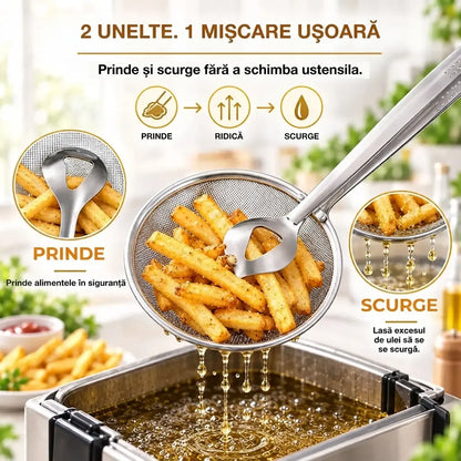 🍟🍗【3 bucăți la 139 lei【Cumperi 1, primești 2 gratuit】Ustensilă 2-în-1: Spumieră tip sită și clește – din oțel inoxidabil, pentru prăjire și scurgere