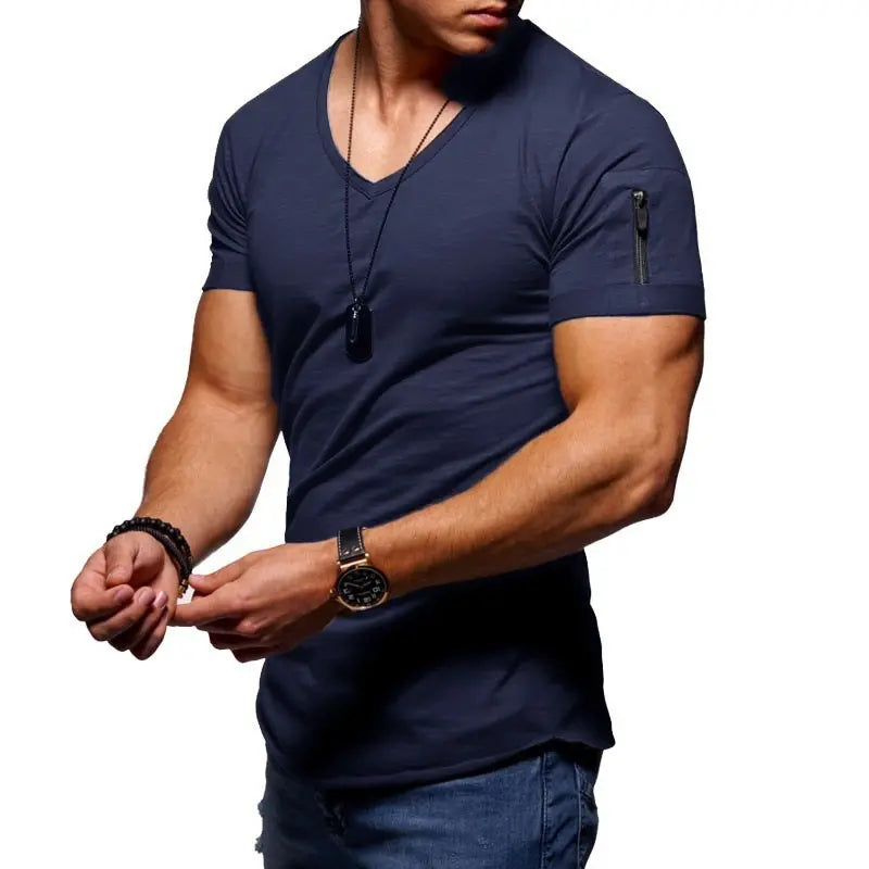 💪👔Tricou bărbătesc cu mânecă scurtă, în culoare uni, mulat și decolteu în V