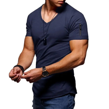💪👔Tricou bărbătesc cu mânecă scurtă, în culoare uni, mulat și decolteu în V