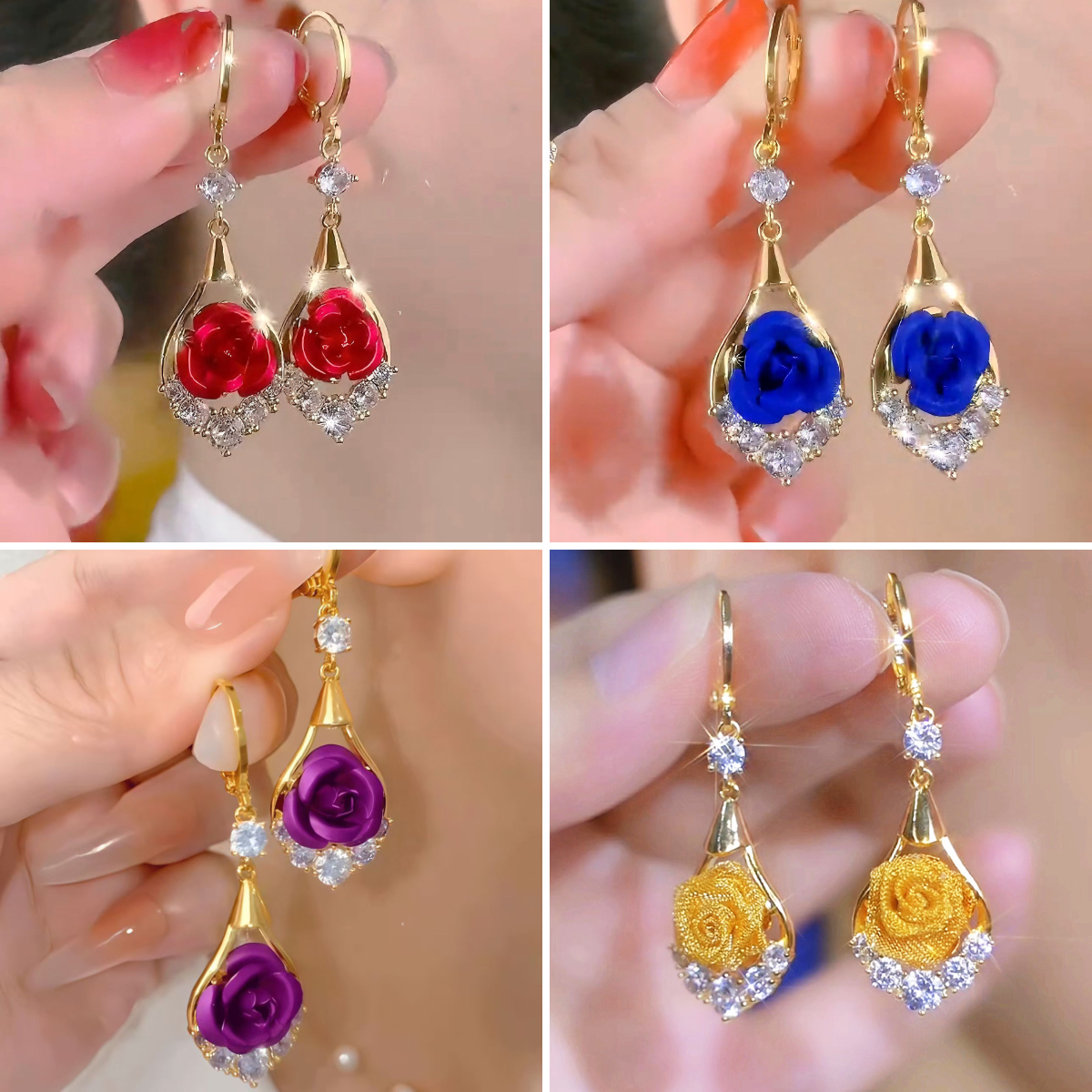 🌹✨【4 szett】Luxus, elegáns, gyémántokkal kirakott rózsa fülbevalók