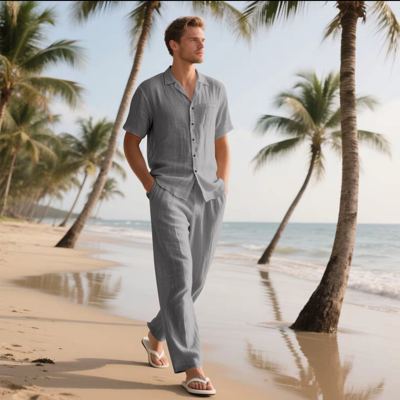 🌴【Bluză + Pantaloni】(40-120 kg) Set bărbătesc din două piese, bumbac și in uni