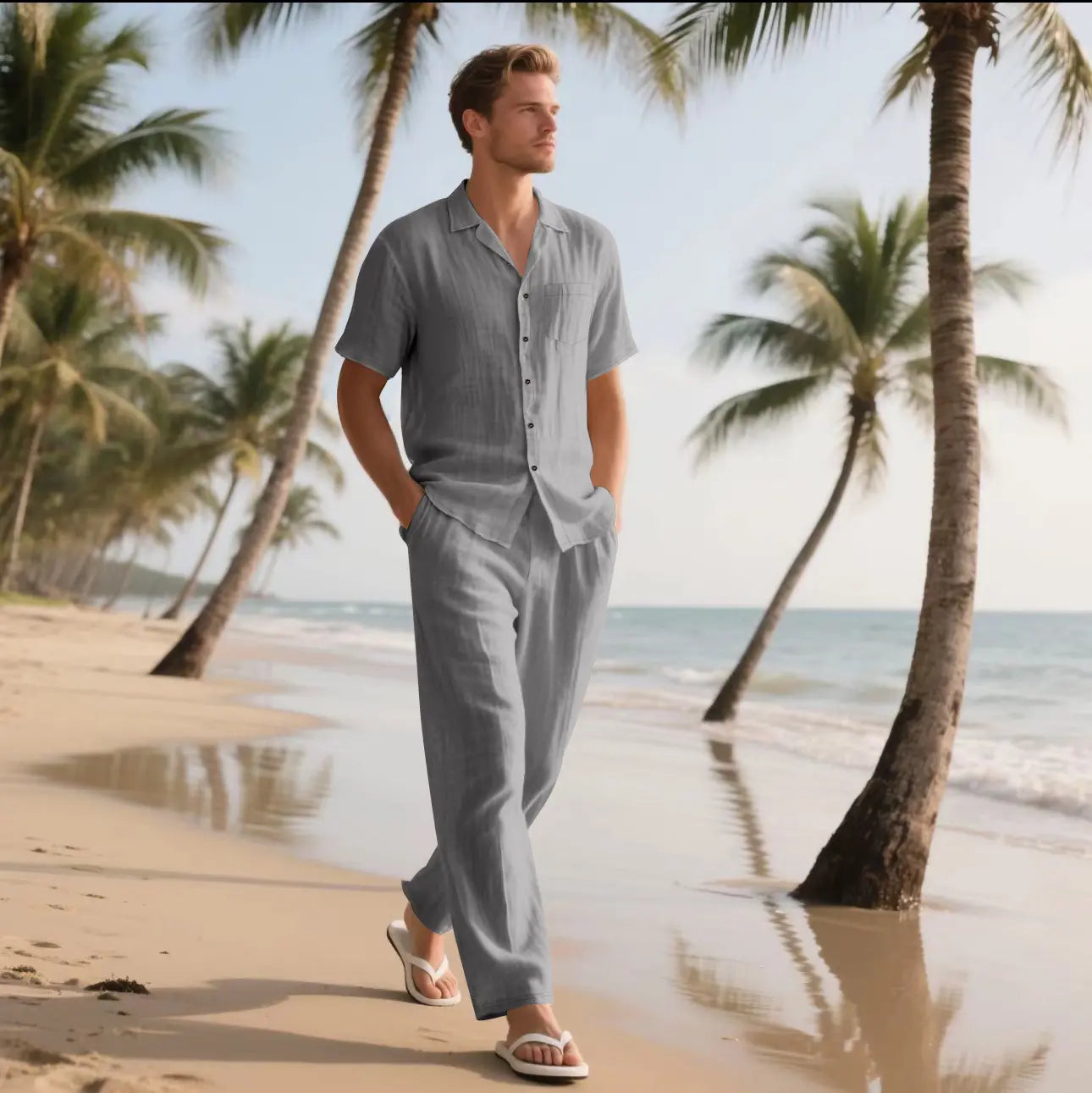 🌴【Bluză + Pantaloni】(40-120 kg) Set bărbătesc din două piese, bumbac și in uni