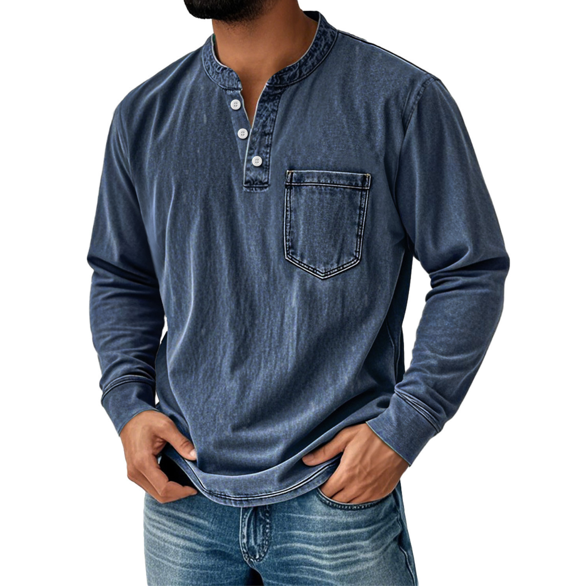 👔🔥Cămașă bărbătească din denim cu mâneci lungi și decolteu în V, cu buzunar