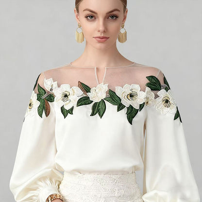 Celebrity styl haftowany ścieg satynowy bluzka kobiety 2025