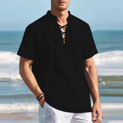 👔🔥Tricou Henley pentru bărbați, talie mare/lungă, din bumbac și in, cu decolteu în V și șireturi