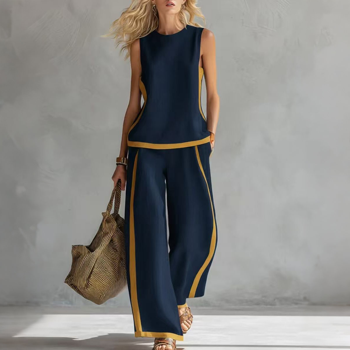 🔥😍【Top + Pantaloni】Set nou și modern din două piese pentru femei: top fără mâneci cu detalii contrastante și pantaloni cu croi larg