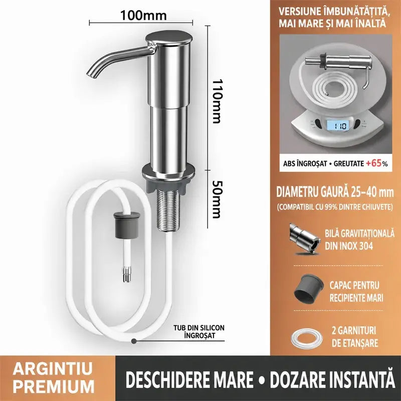 Dispenser Încorporabil de Săpun și Detergent pentru Chiuvetă Bucătărie, Din Oțel Inoxidabil Premium, Cu Tub Extensibil Direct în Sticlă și Bilă de Gravitație 304, Pompare Rapidă