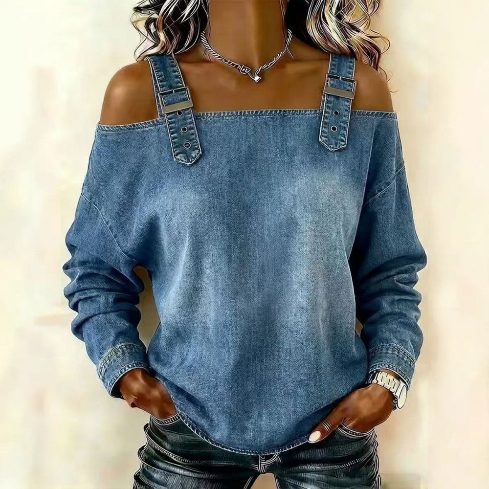 👘🔥Cămașă de damă din denim, cu umerii descheiați și mâneci lungi.