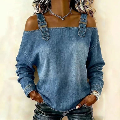👘🔥Cămașă de damă din denim, cu umerii descheiați și mâneci lungi.