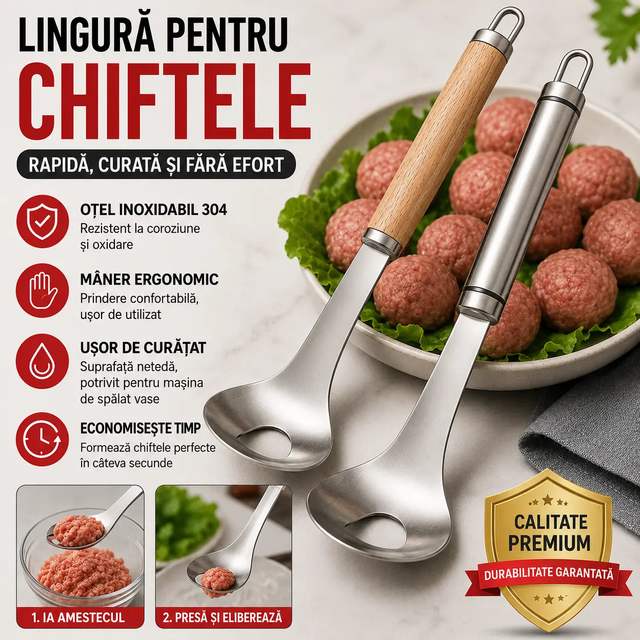 🍖【Set de 2 bucăți】Formă pentru chiftele din oțel inoxidabil 304 – ideală pentru prepararea chiftelelor din carne și pește, perfectă pentru gătit acasă 🥄