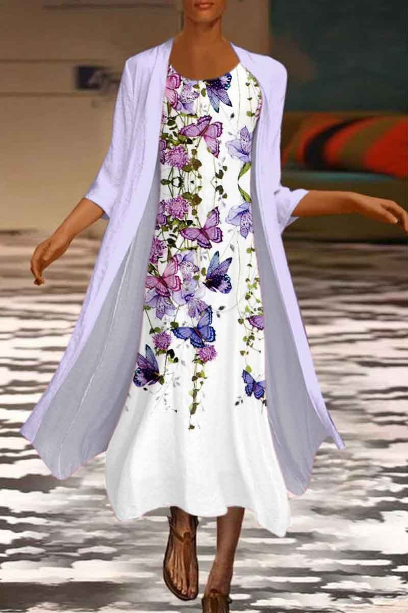 🌻 Reducere -50%🔥【40-120 kg】Rochie nouă pentru femei cu imprimeu floral, rochie din două piese și decolteu rotund