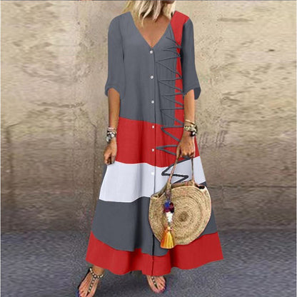 💃Reducere 50%🔥【40-120kg】Rochie maxi modernă de vară, cu decolteu în V și nasturi, perfectă pentru o vacanță la plajă.