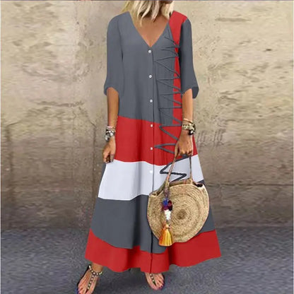 💃Reducere 50%🔥【40-120kg】Rochie maxi modernă de vară, cu decolteu în V și nasturi, perfectă pentru o vacanță la plajă.