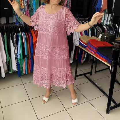 🔥【Reducere -50%!】✨✨【S-5XL】Rochie nouă tip tricou cu mânecă scurtă și gât rotund din dantelă