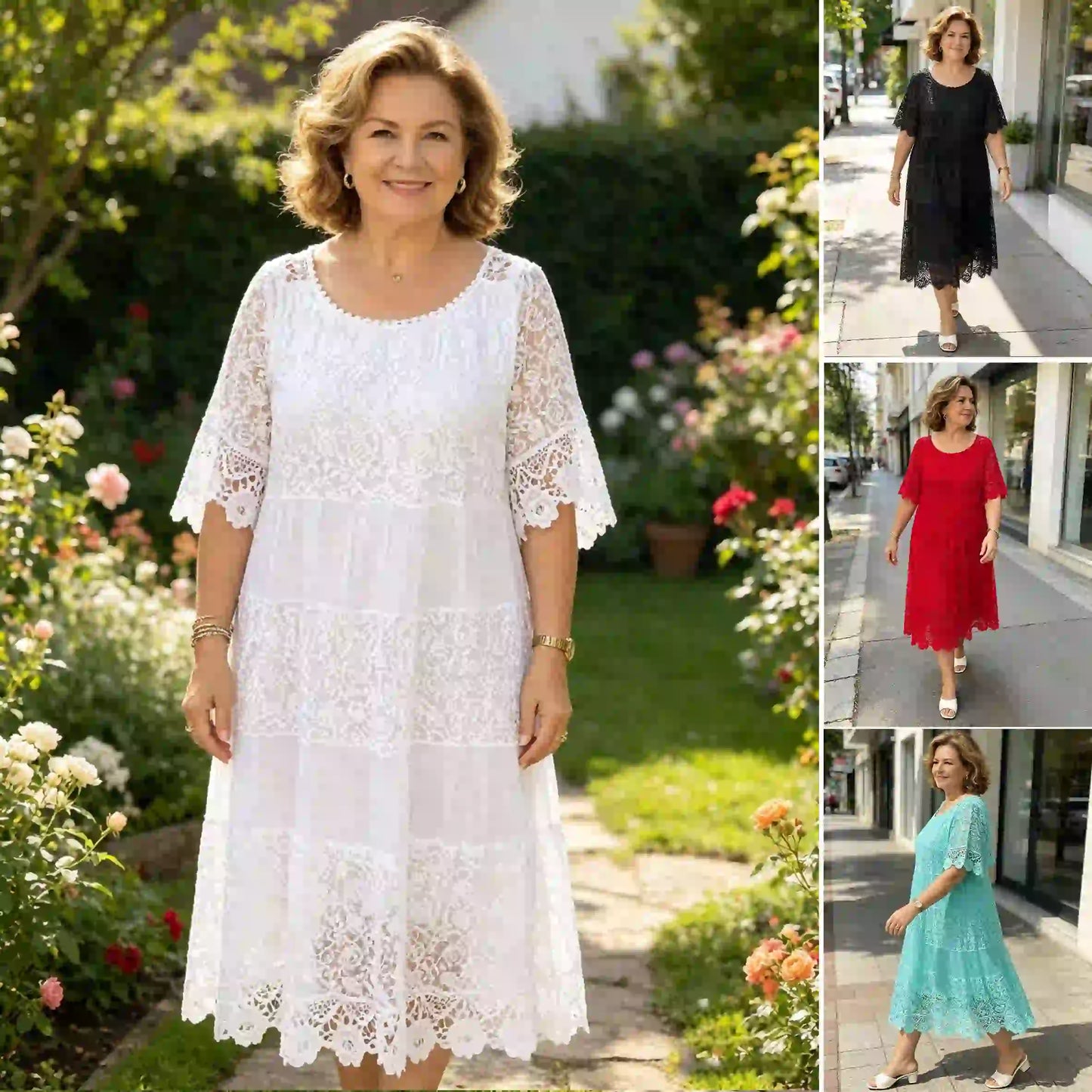 🔥✨【S-8XL】Rochie nouă cu mânecă scurtă, decolteu rotund și dantelă.