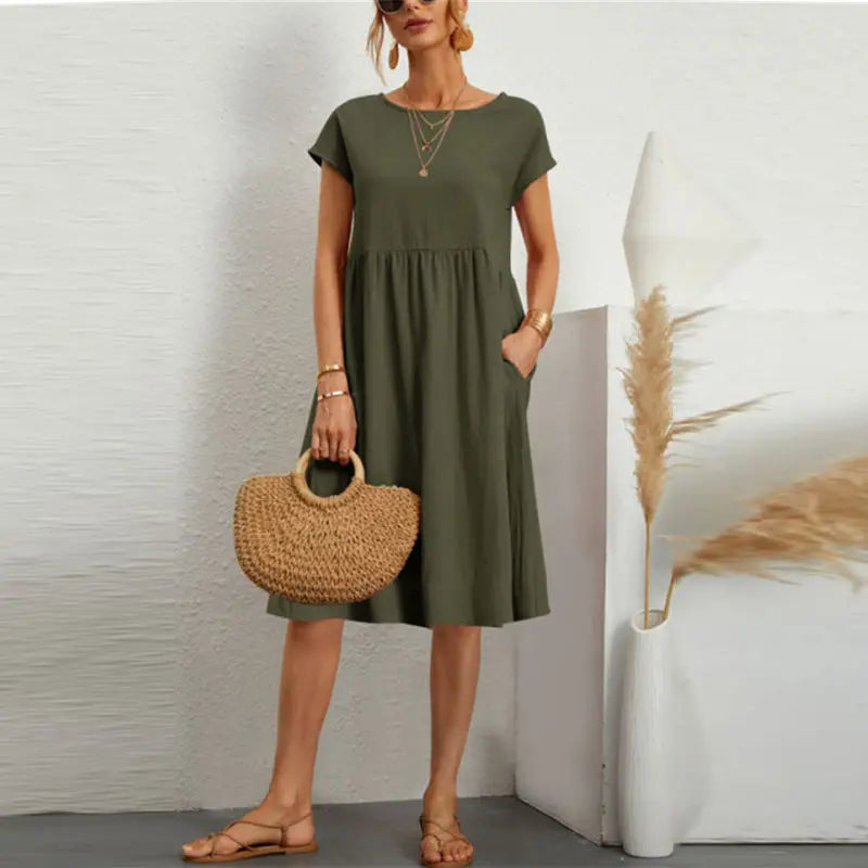💃【S-5XL】Rochie de vară pentru femei, mărimi mari, stil casual office, croială în linie A, cu decolteu rotund