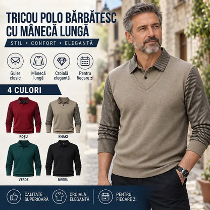 【M-4XL】Tricou polo din două piese, cu un model în dungi de tip „faux-patchwork”