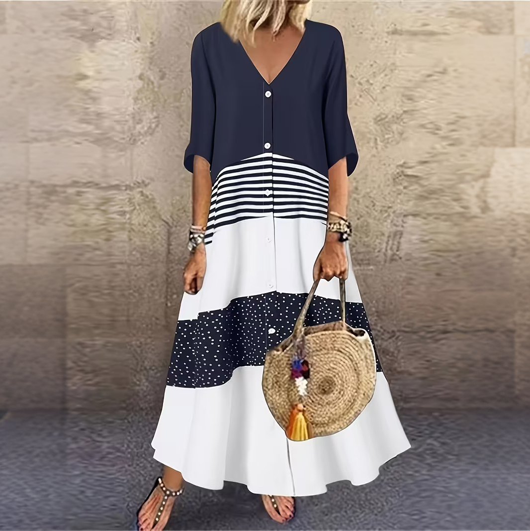 💃Reducere 50%🔥【40-120kg】Rochie maxi modernă de vară, cu decolteu în V și nasturi, perfectă pentru o vacanță la plajă.